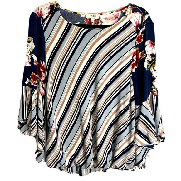 UMGEE Women’s Top with Colorful Floral & Stripes 3/4 Bell Sleeve Size Small - Picture 1 of 8